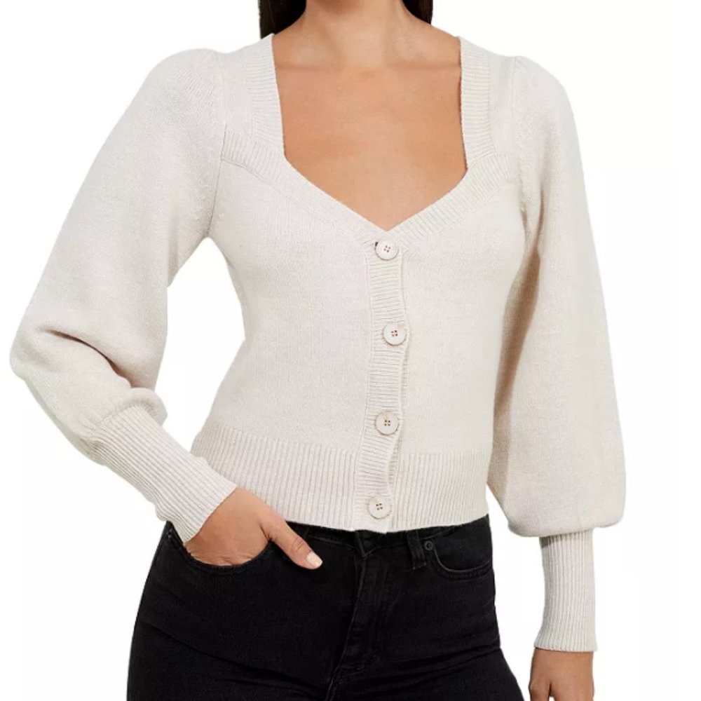 FRENCH CONNECTION Babysoft Puff Sleeve Cardigan Light Oatmeal